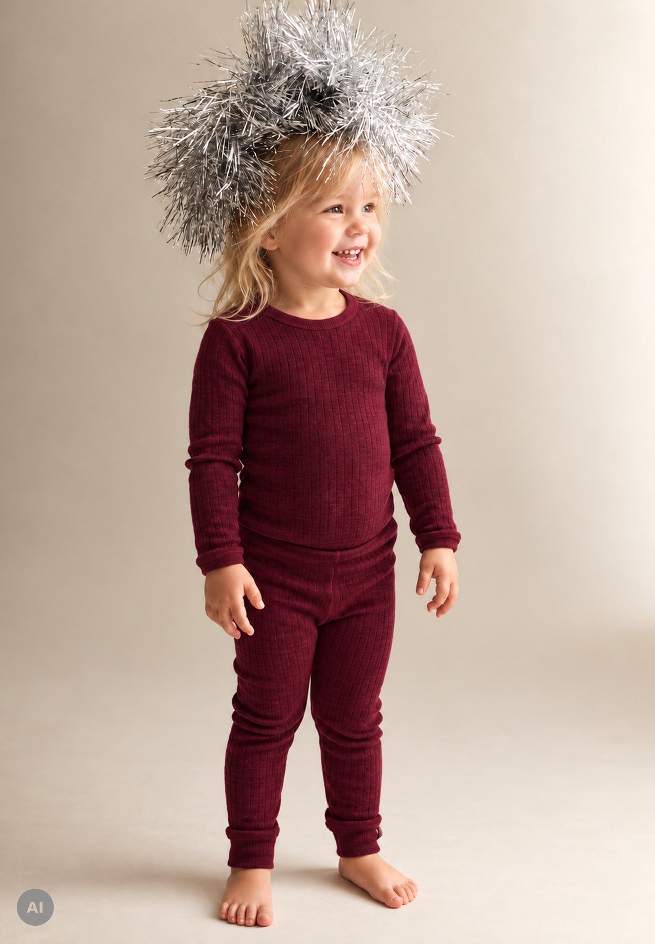Kind in joha Merino Leggings und Langarmshirt in Weinrot-Melange (KI-generiertes Bild)